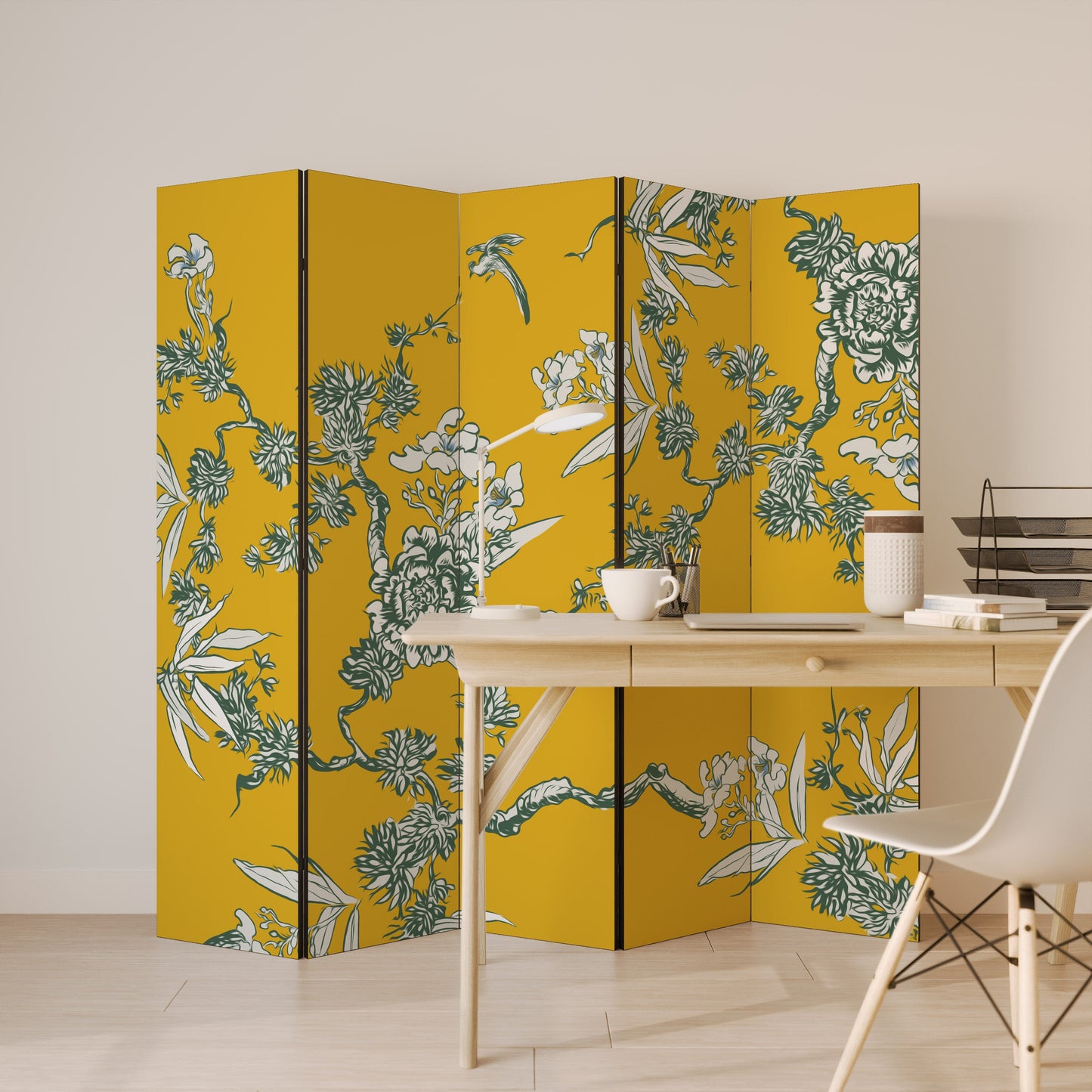 Dekorativ rumsavdelare med 5 paneler i gul CHINOISERIE-stil