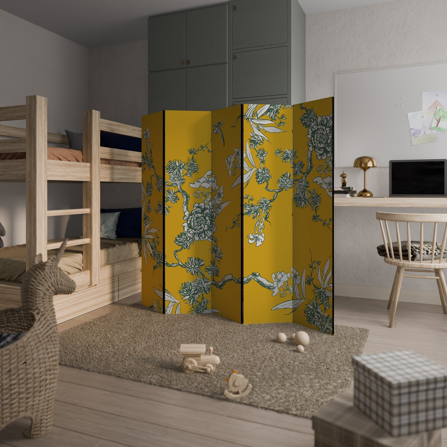 Dekorativ rumsavdelare med 5 paneler i gul CHINOISERIE-stil