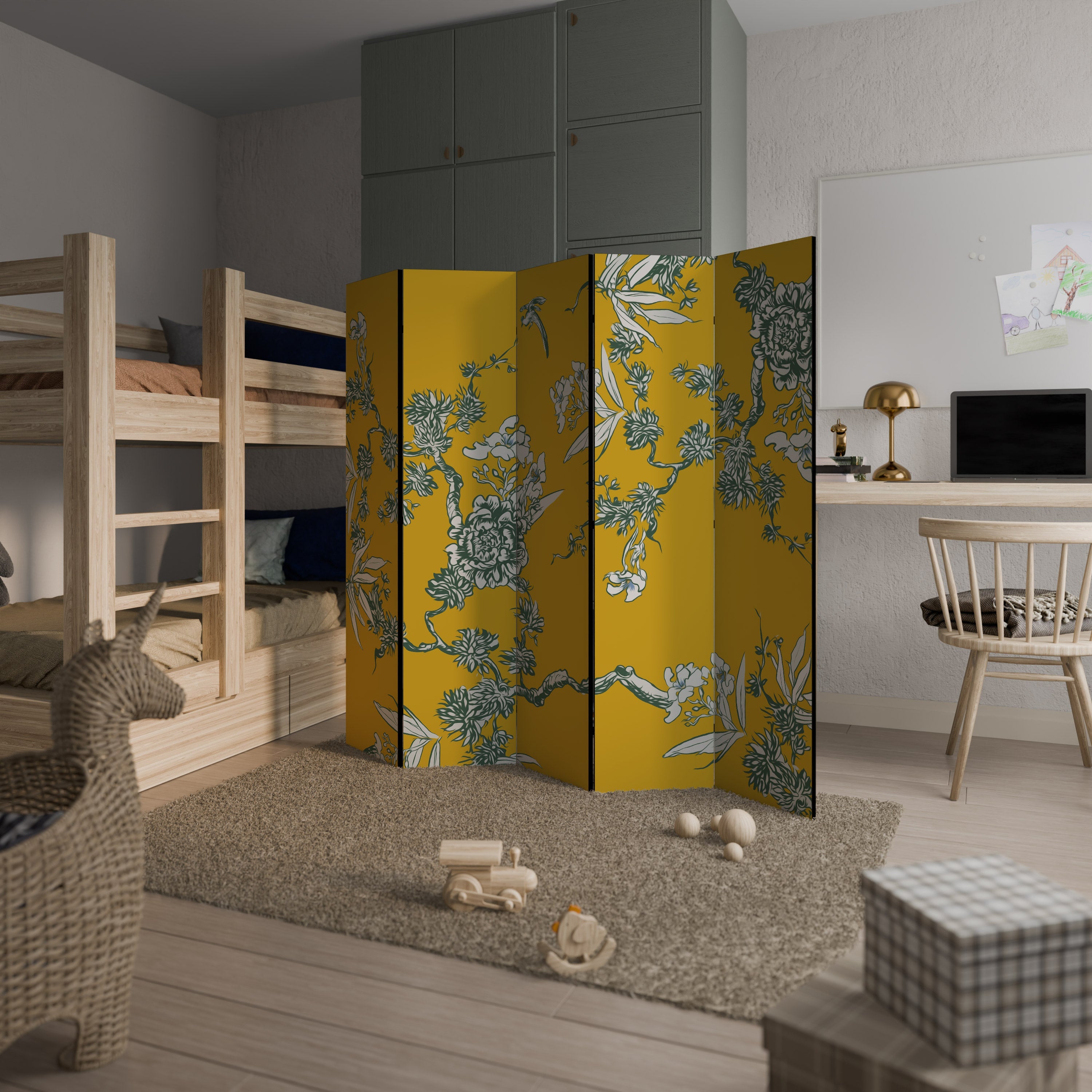 Dekorativ rumsavdelare med 5 paneler i gul CHINOISERIE-stil
