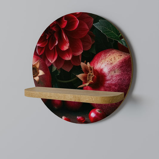 DAHLIAS AND POMEGRANATES Round Art Shelf In Oak Effect