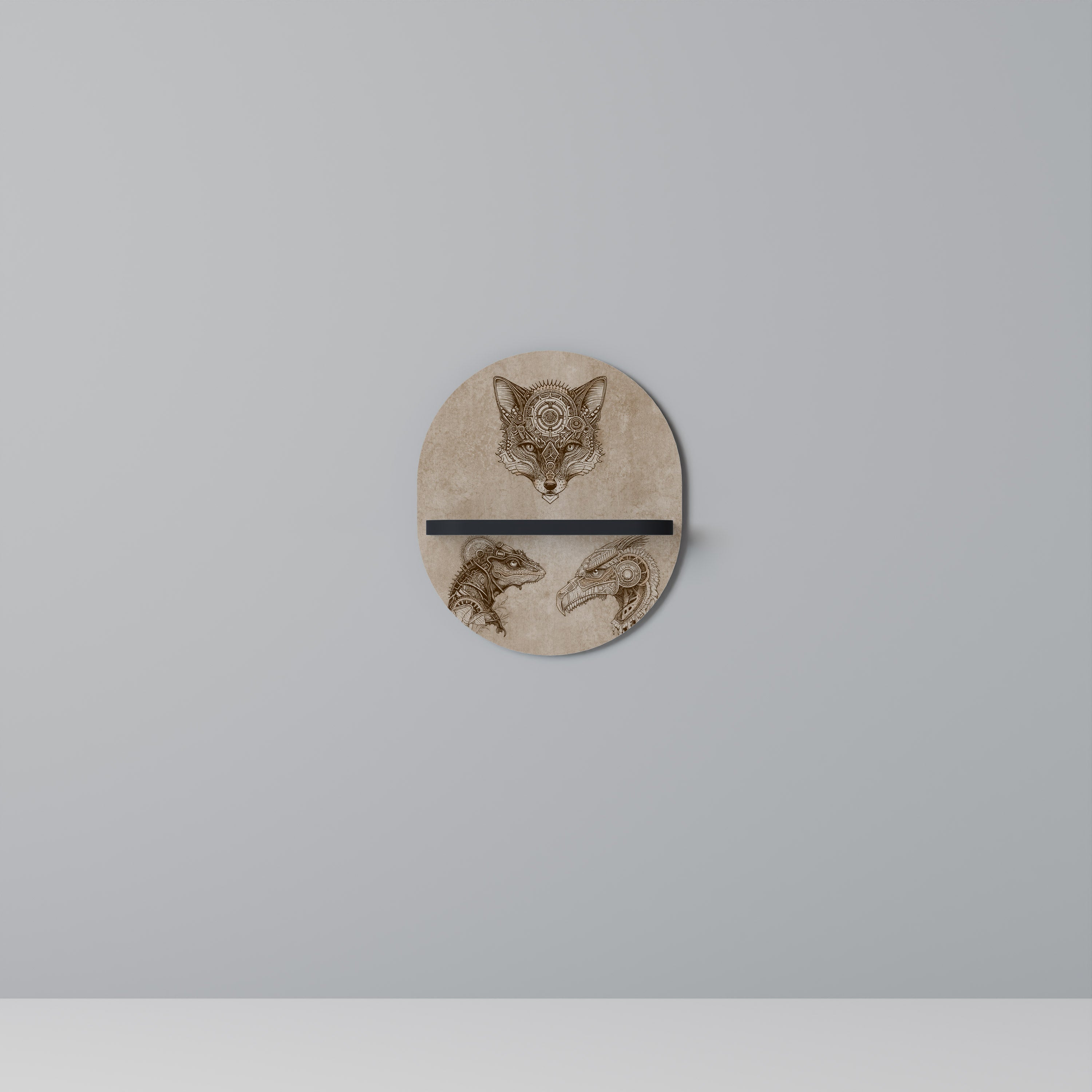 STEAMPUNK TRIO Oval konsthylla i svart finish