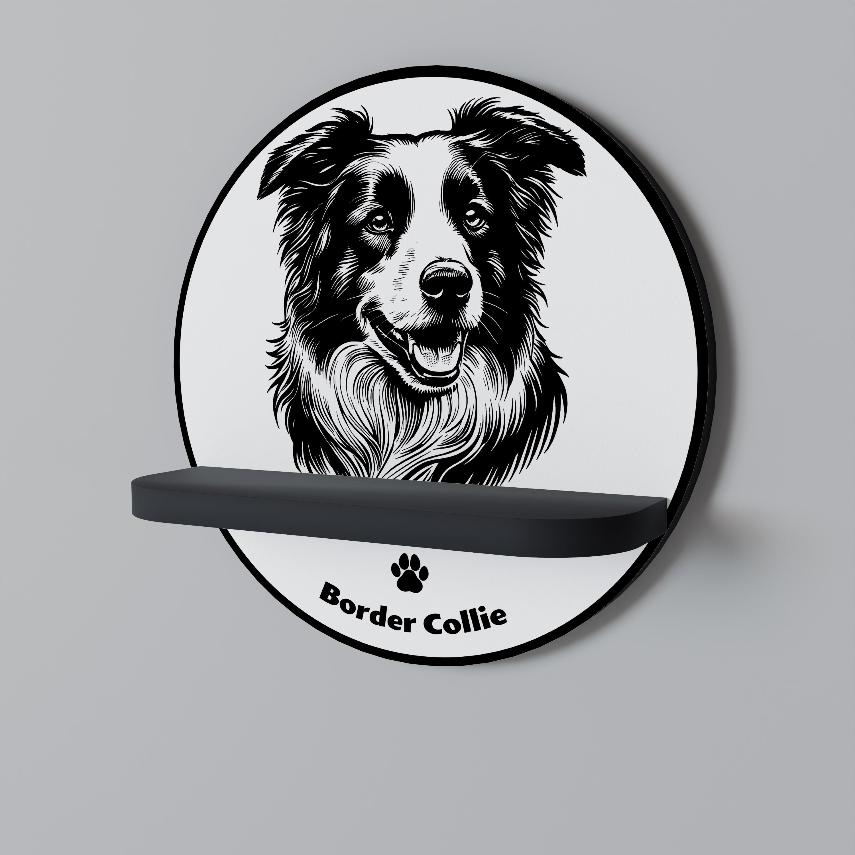 BORDER COLLIE Rund konsthylla i svart finish