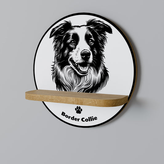 BORDER COLLIE Round Art Shelf In Oak Effect