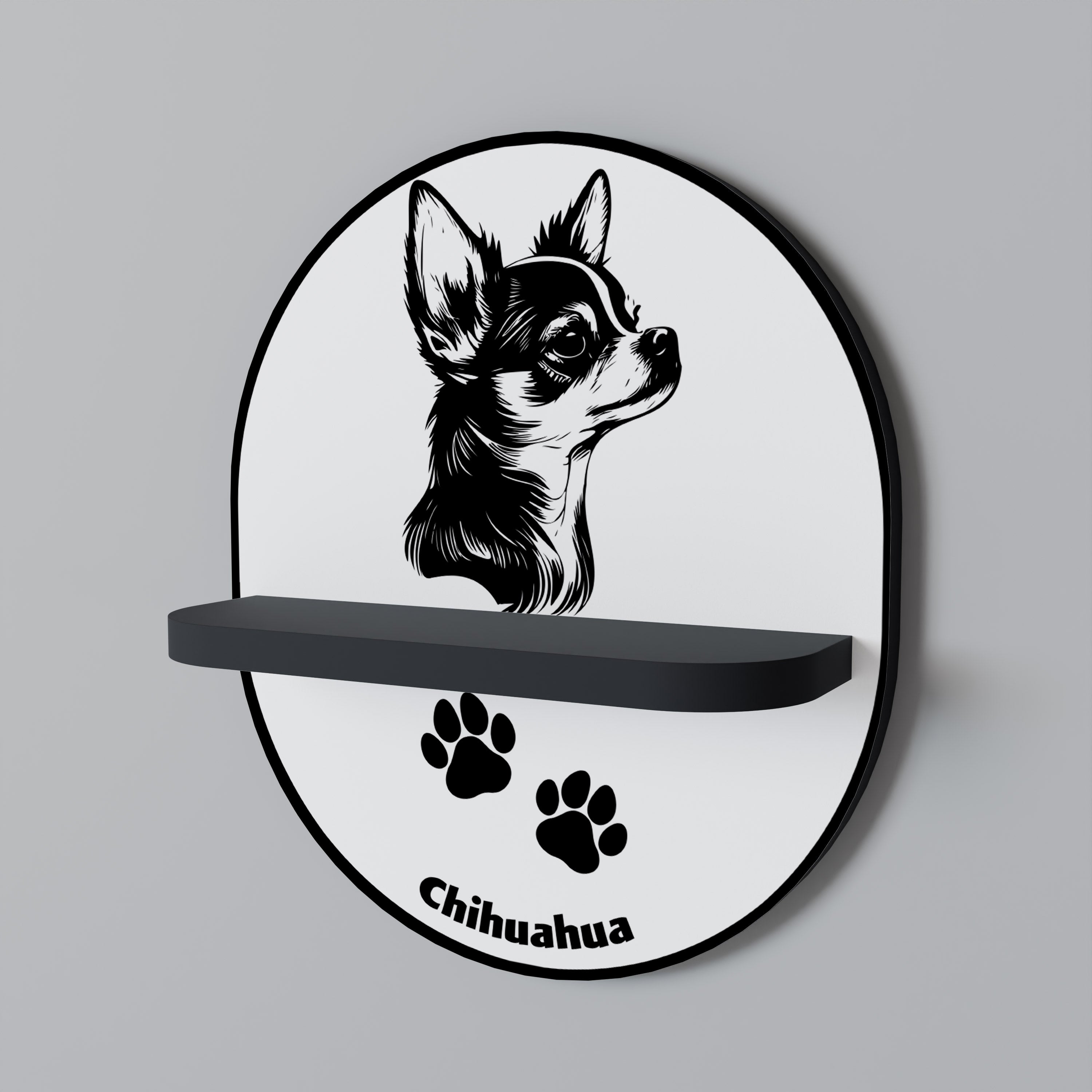 CHIHUAHUA HUND Oval konsthylla i svart finish