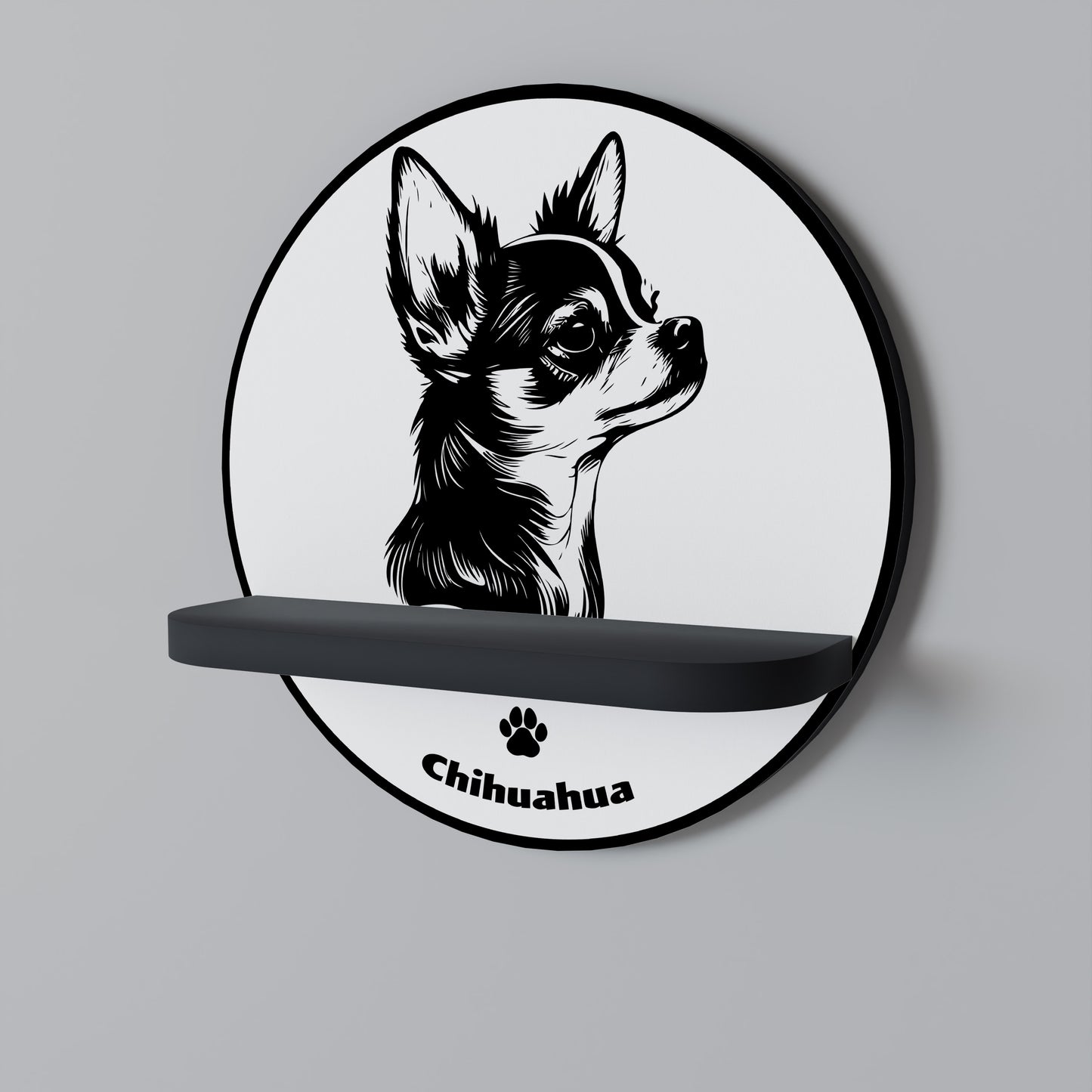 CHIHUAHUA HUND Rund konsthylla i svart finish