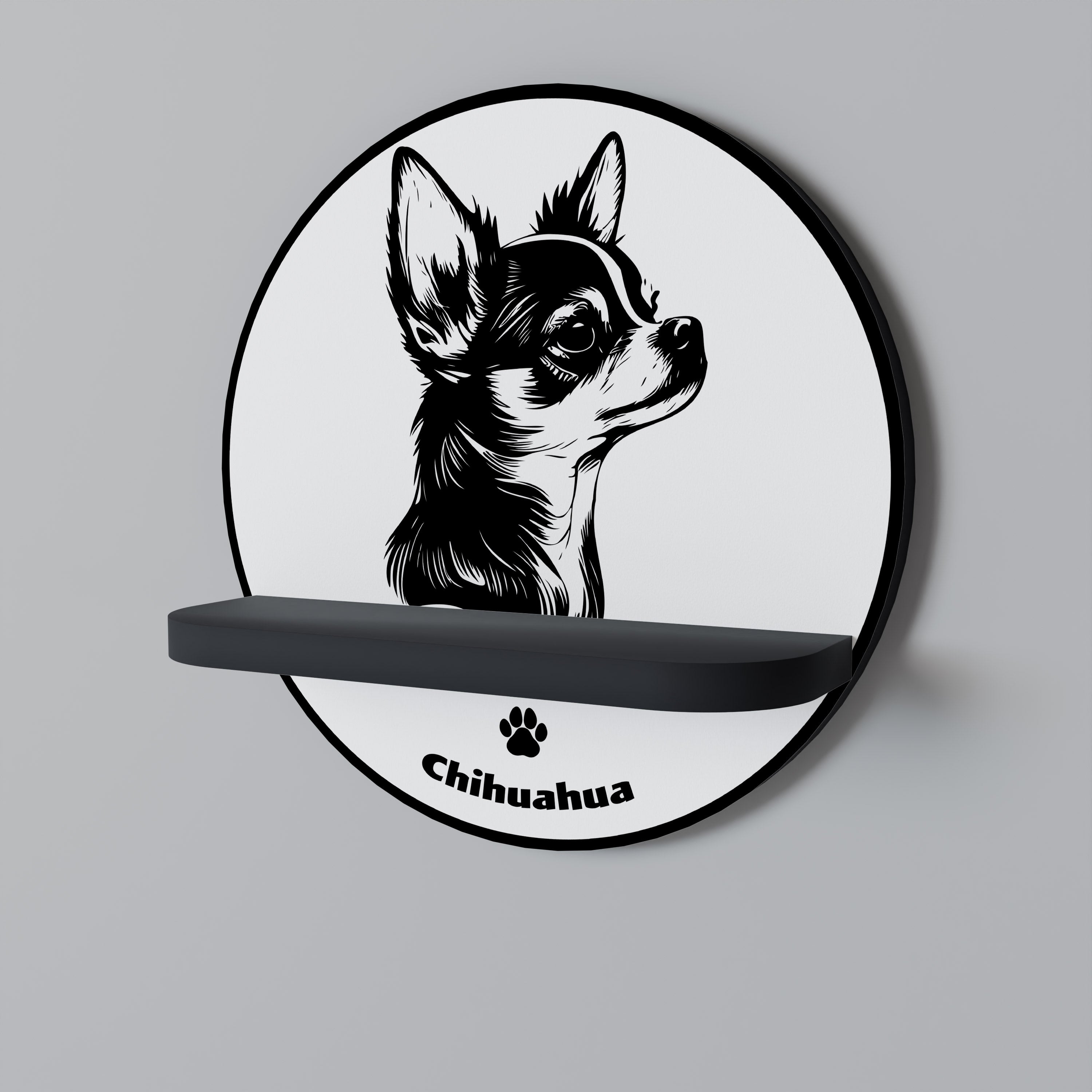 CHIHUAHUA HUND Rund konsthylla i svart finish