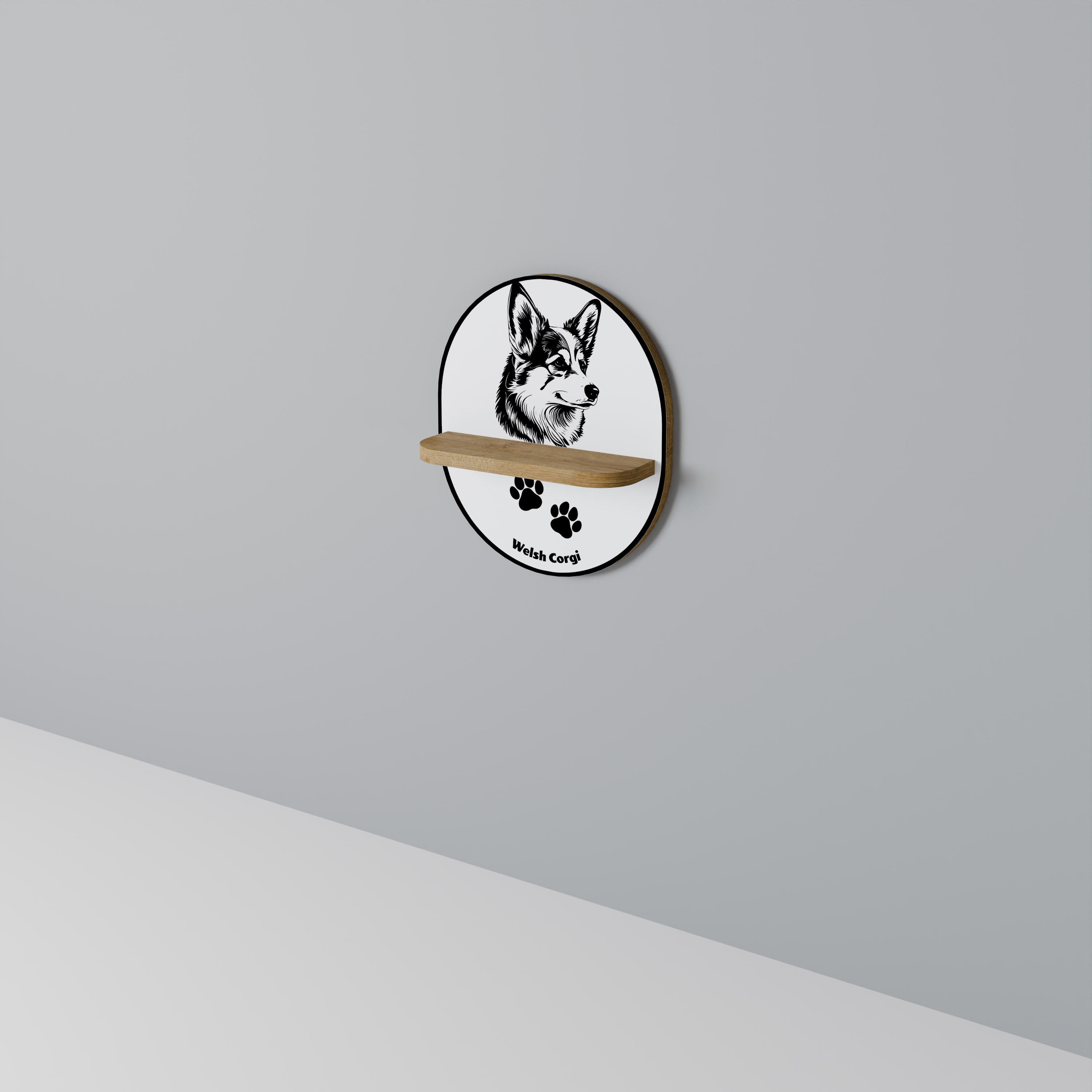 WELSH CORGI PEMBROKE Oval konsthylla i ekeffekt