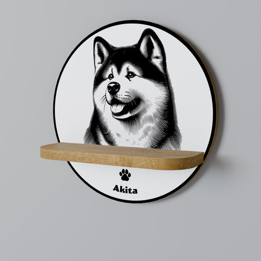 AKITA DOG Round Art Shelf In Oak Effect