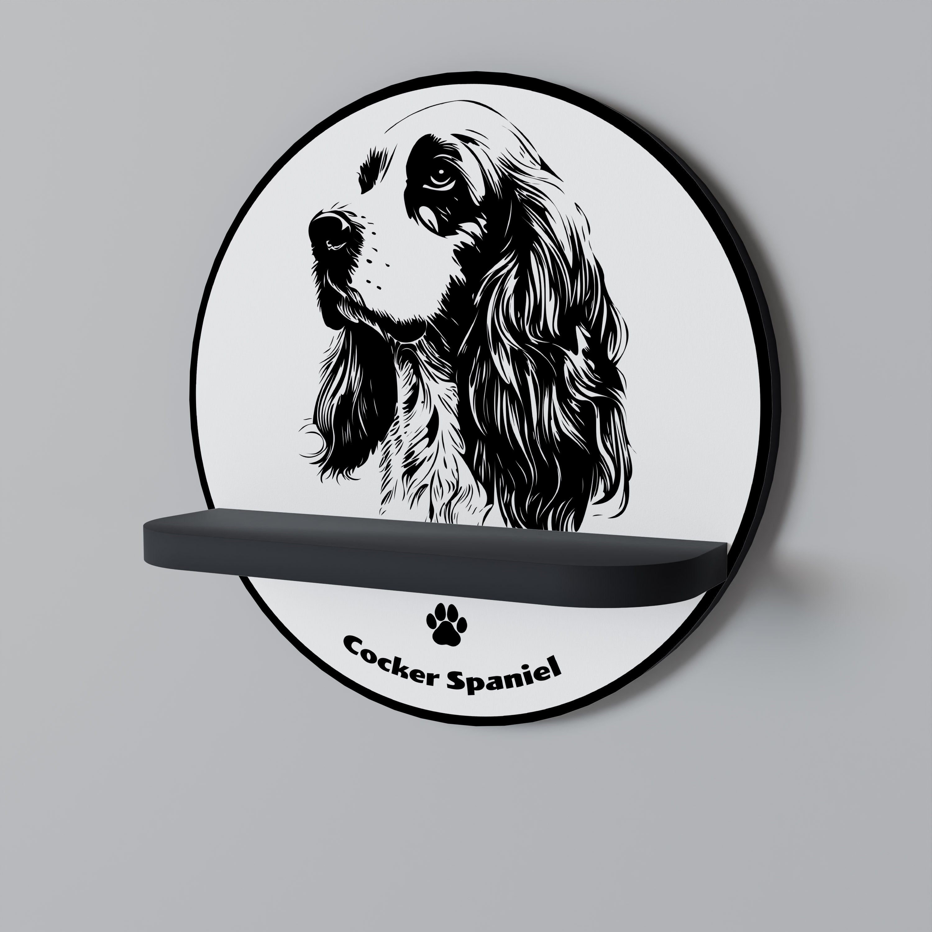 ENGELSK COCKER SPANIEL Rund konsthylla i svart finish