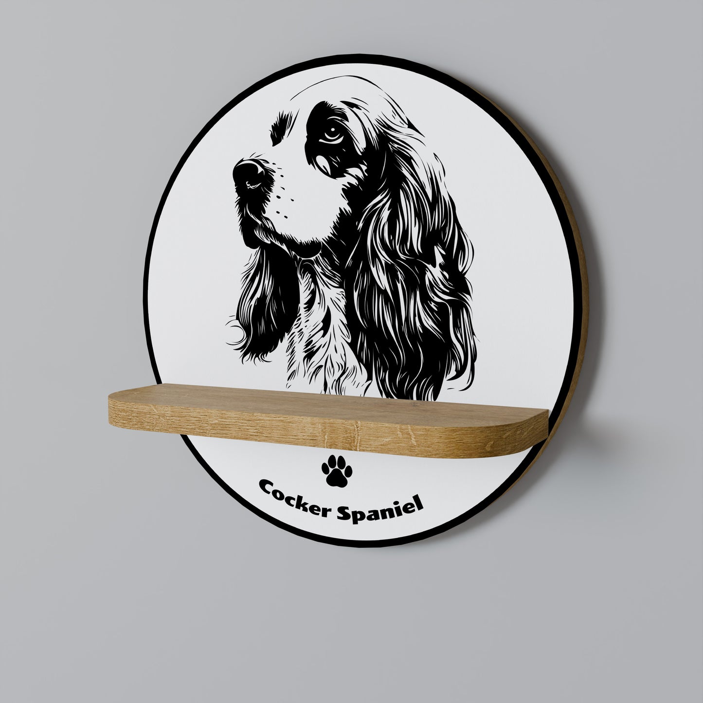 ENGELSK COCKER SPANIEL Rund konsthylla i ekeffekt