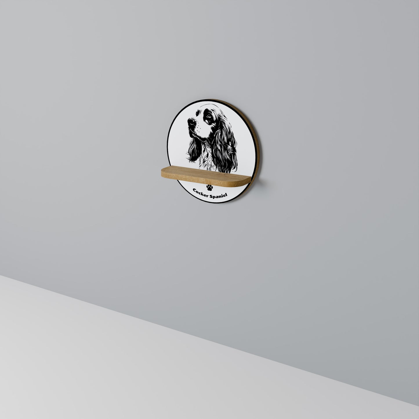 ENGELSK COCKER SPANIEL Rund konsthylla i ekeffekt