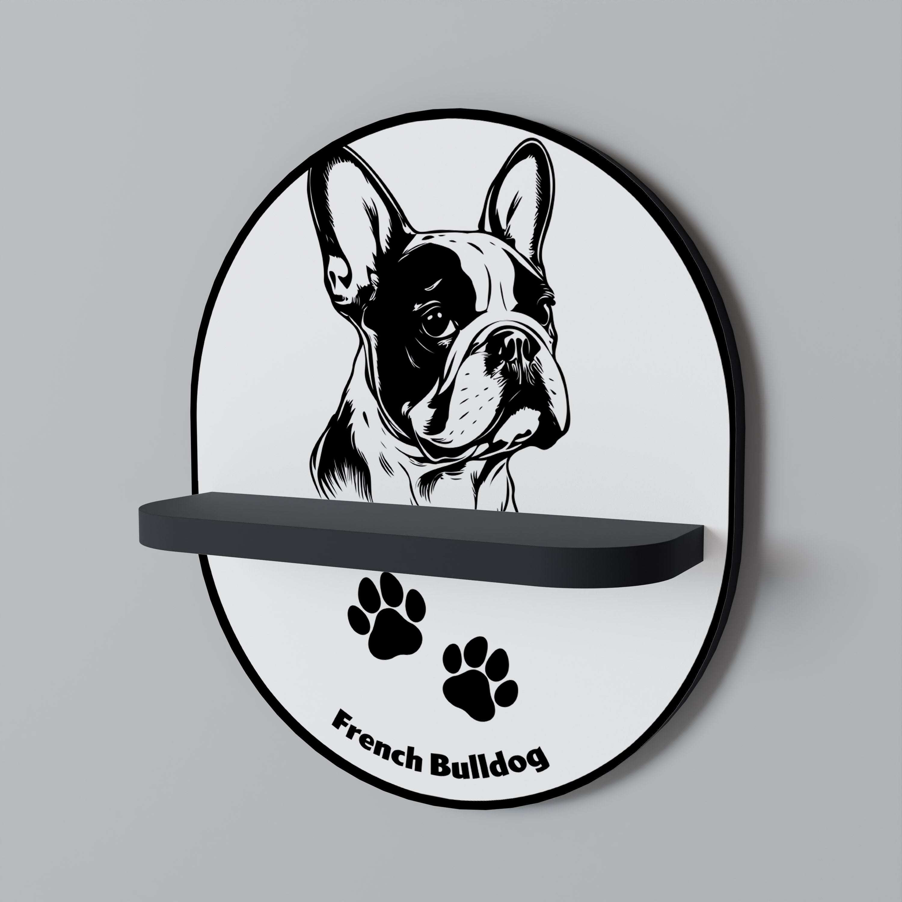 FRANSK BULLDOG Oval konsthylla i svart finish