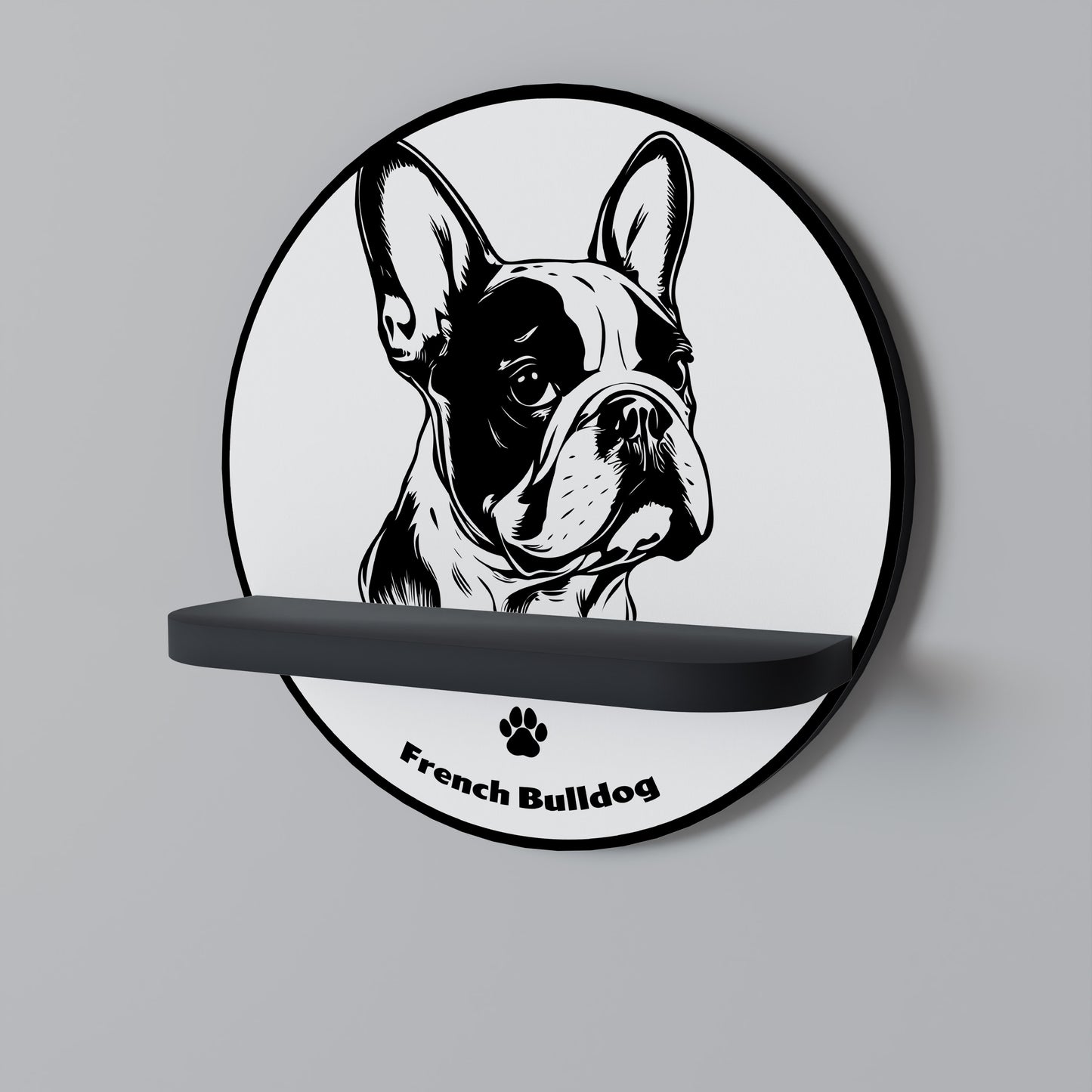 FRANSK BULLDOG Rund konsthylla i svart finish