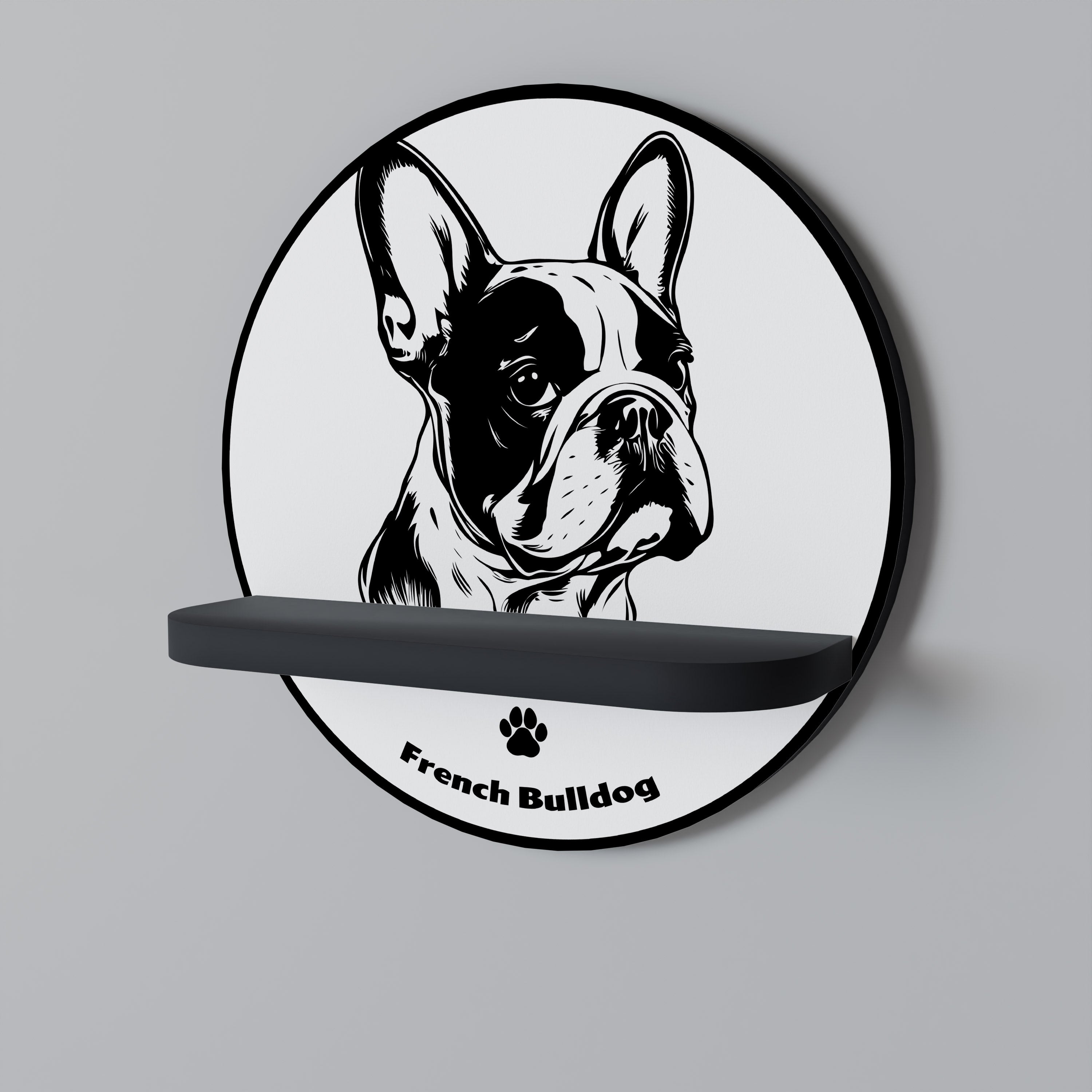 FRANSK BULLDOG Rund konsthylla i svart finish