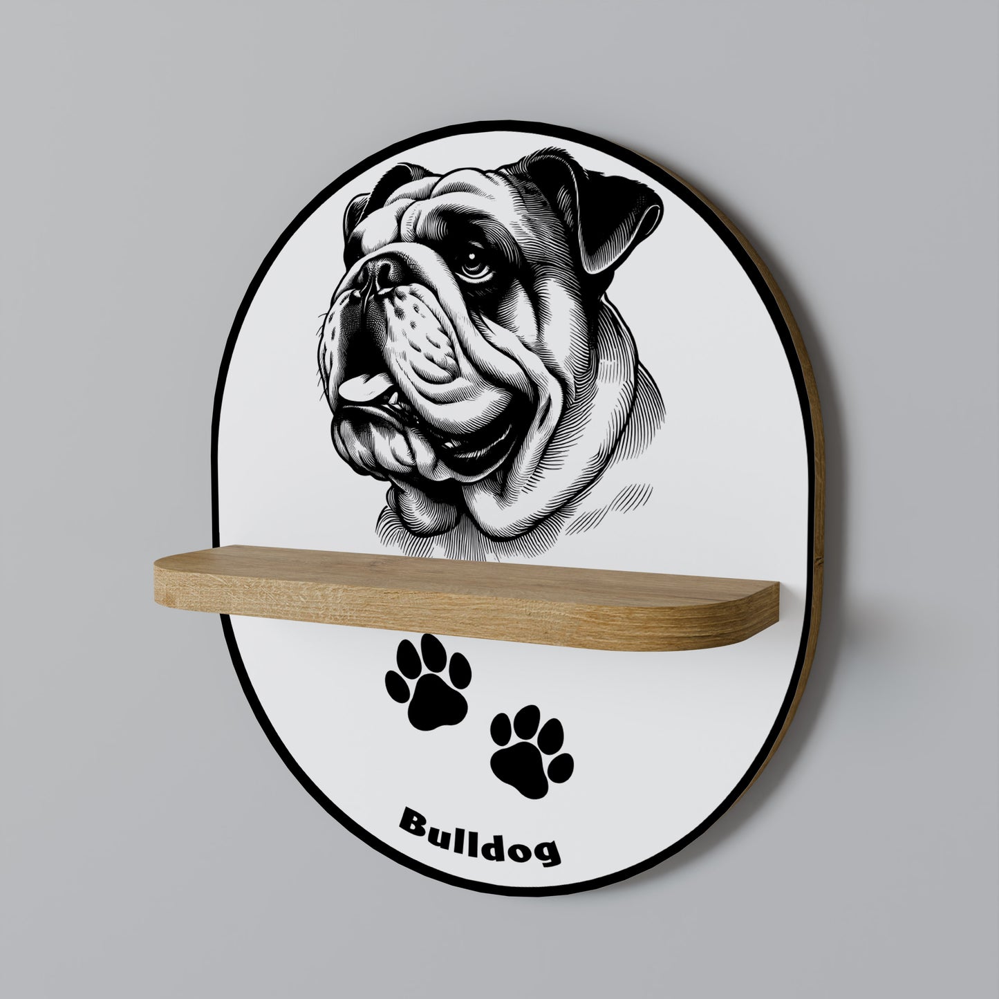 BULLDOG HUND Oval Konsthylla I Ekeffekt