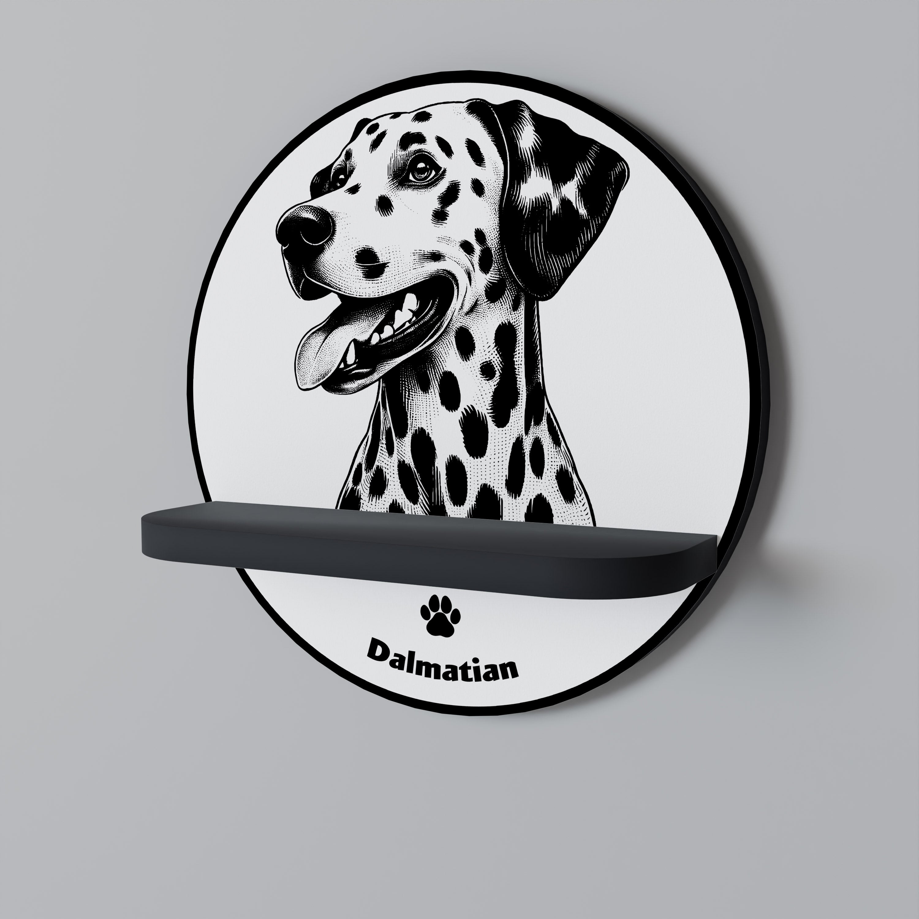 DALMATISK HUND Rund konsthylla i svart finish