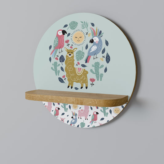 COLORFUL ALPACAS Round Art Shelf In Oak Effect