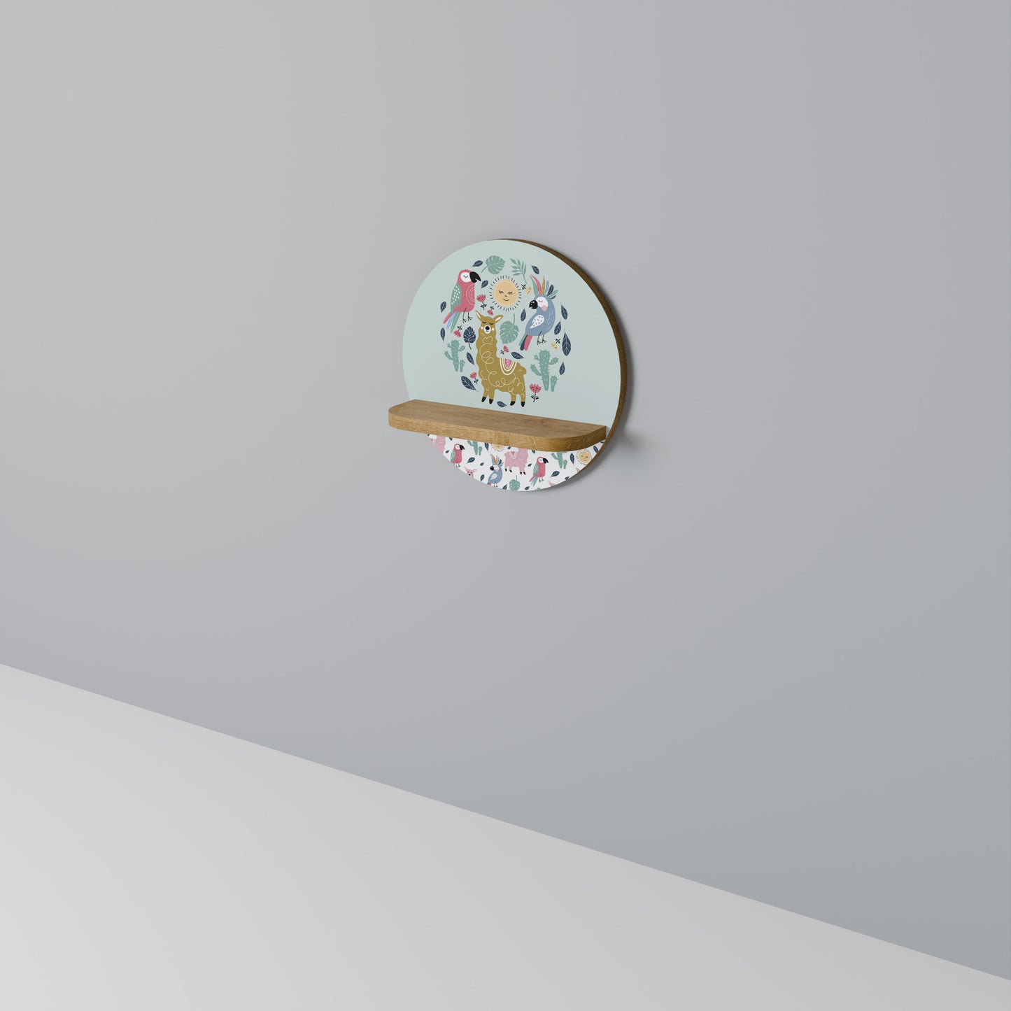 COLORFUL ALPACAS Round Art Shelf In Oak Effect