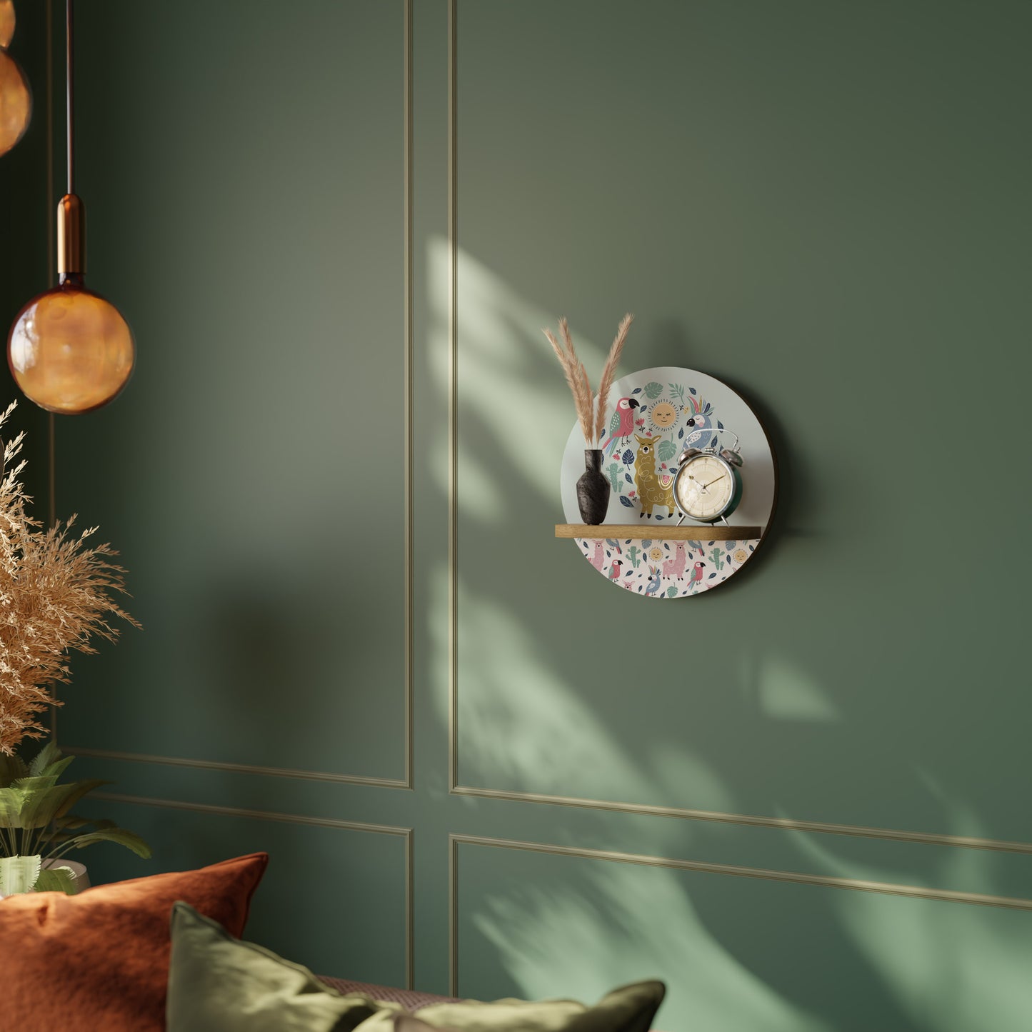 COLORFUL ALPACAS Round Art Shelf In Oak Effect
