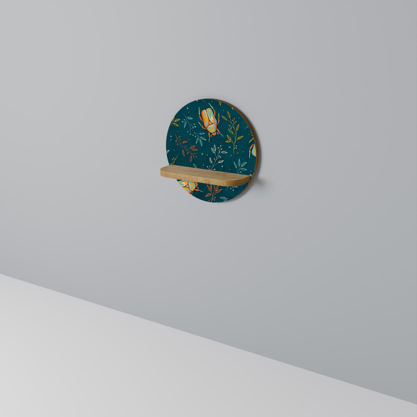 AUTUMN INSECTS Round Art Shelf In Oak Effect