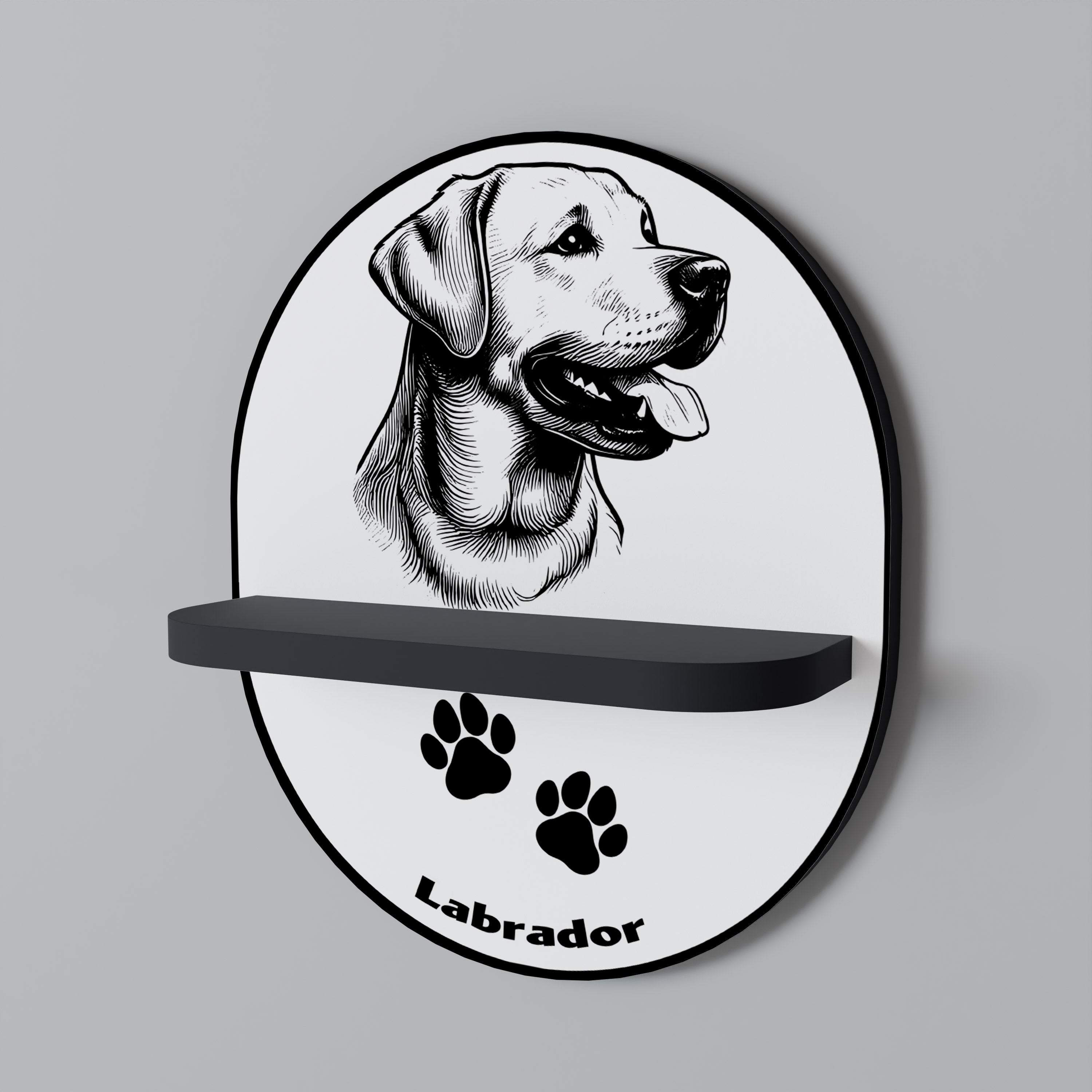 LABRADOR HUND Oval konsthylla i svart finish