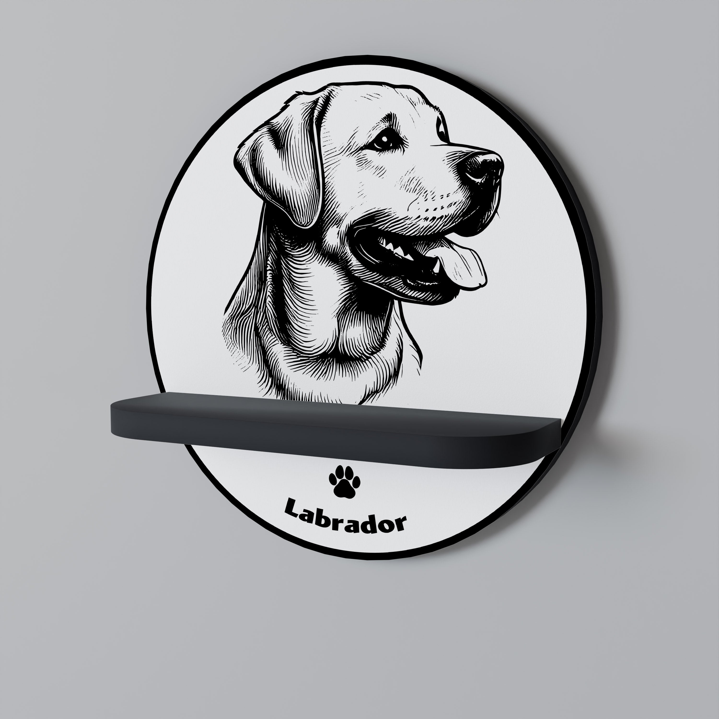 LABRADOR HUND Rund konsthylla i svart finish