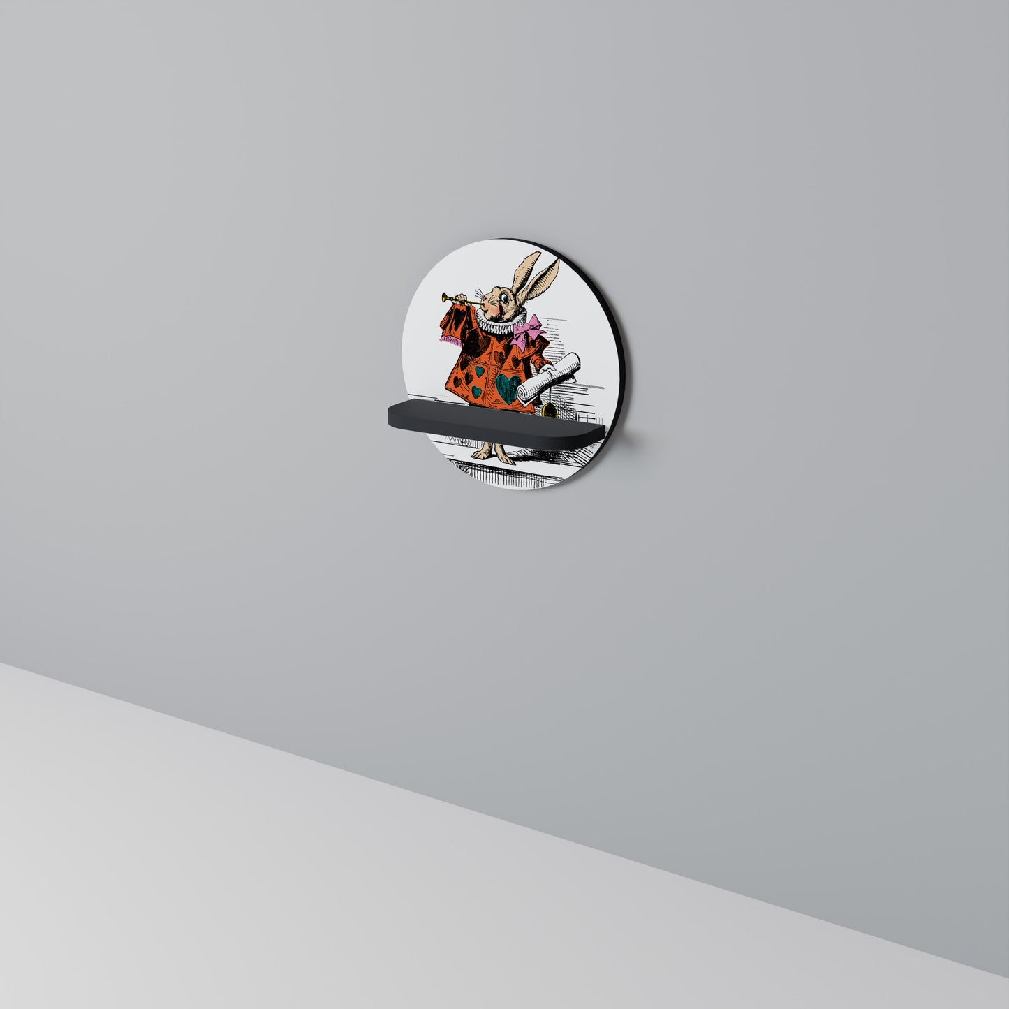 COLORFUL WHITE RABBIT Round Art Shelf In Black Finish