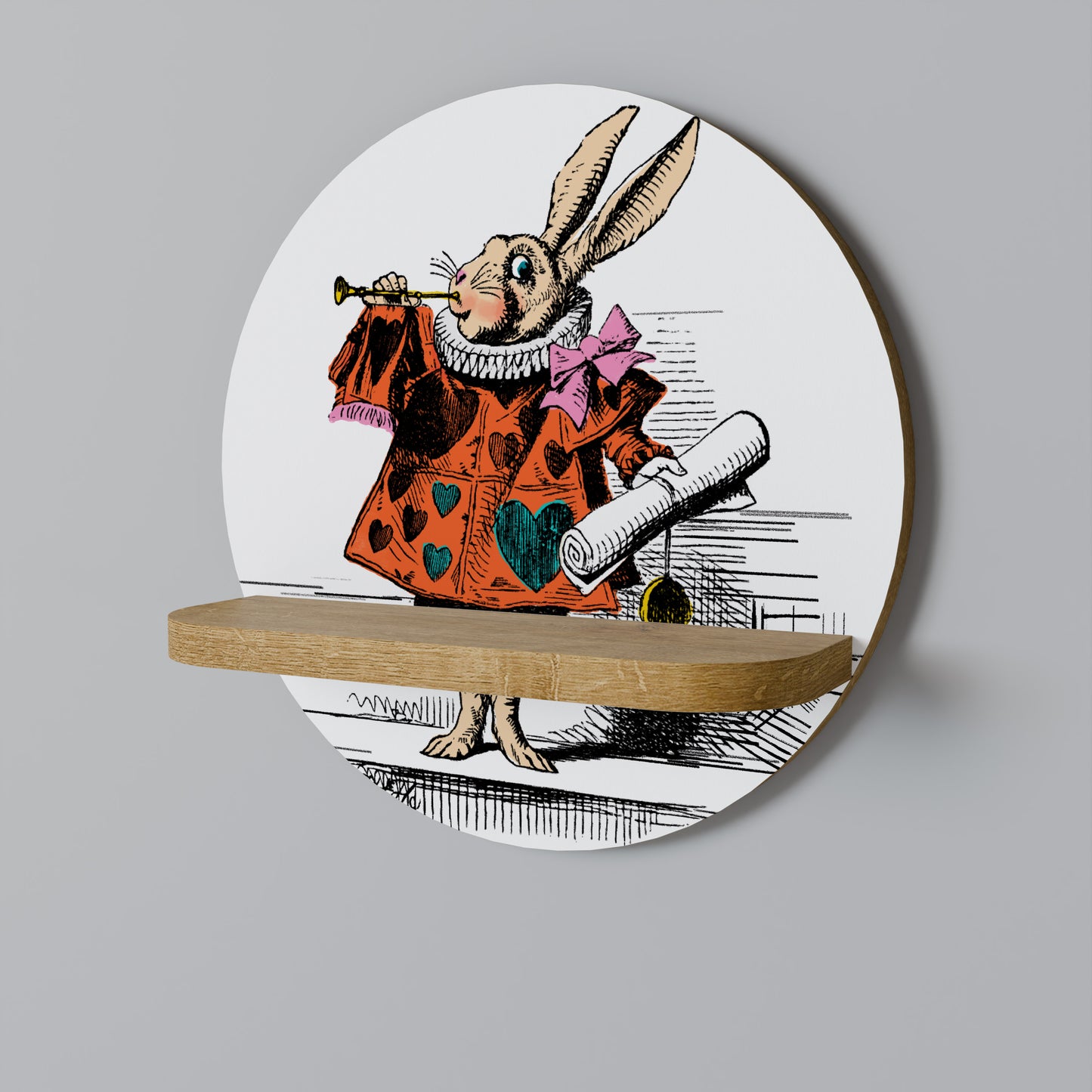COLORFUL WHITE RABBIT Round Art Shelf In Oak Effect