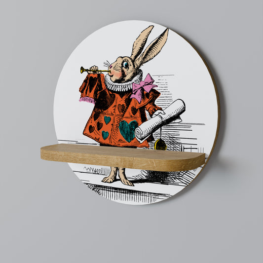COLORFUL WHITE RABBIT Round Art Shelf In Oak Effect