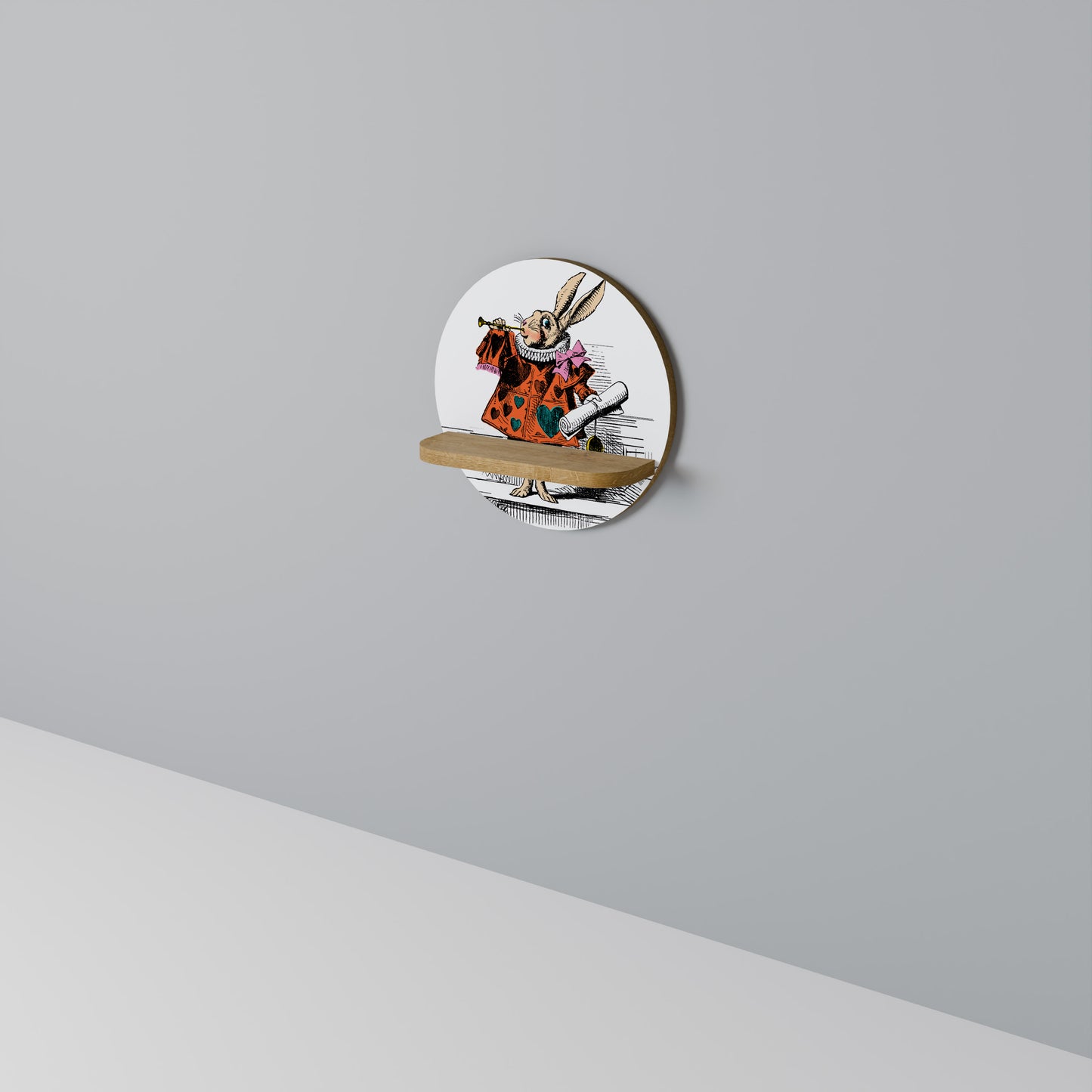 COLORFUL WHITE RABBIT Round Art Shelf In Oak Effect