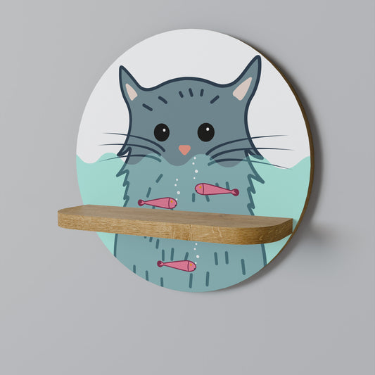 CAT SPLASH Round Art Shelf In Oak Effect