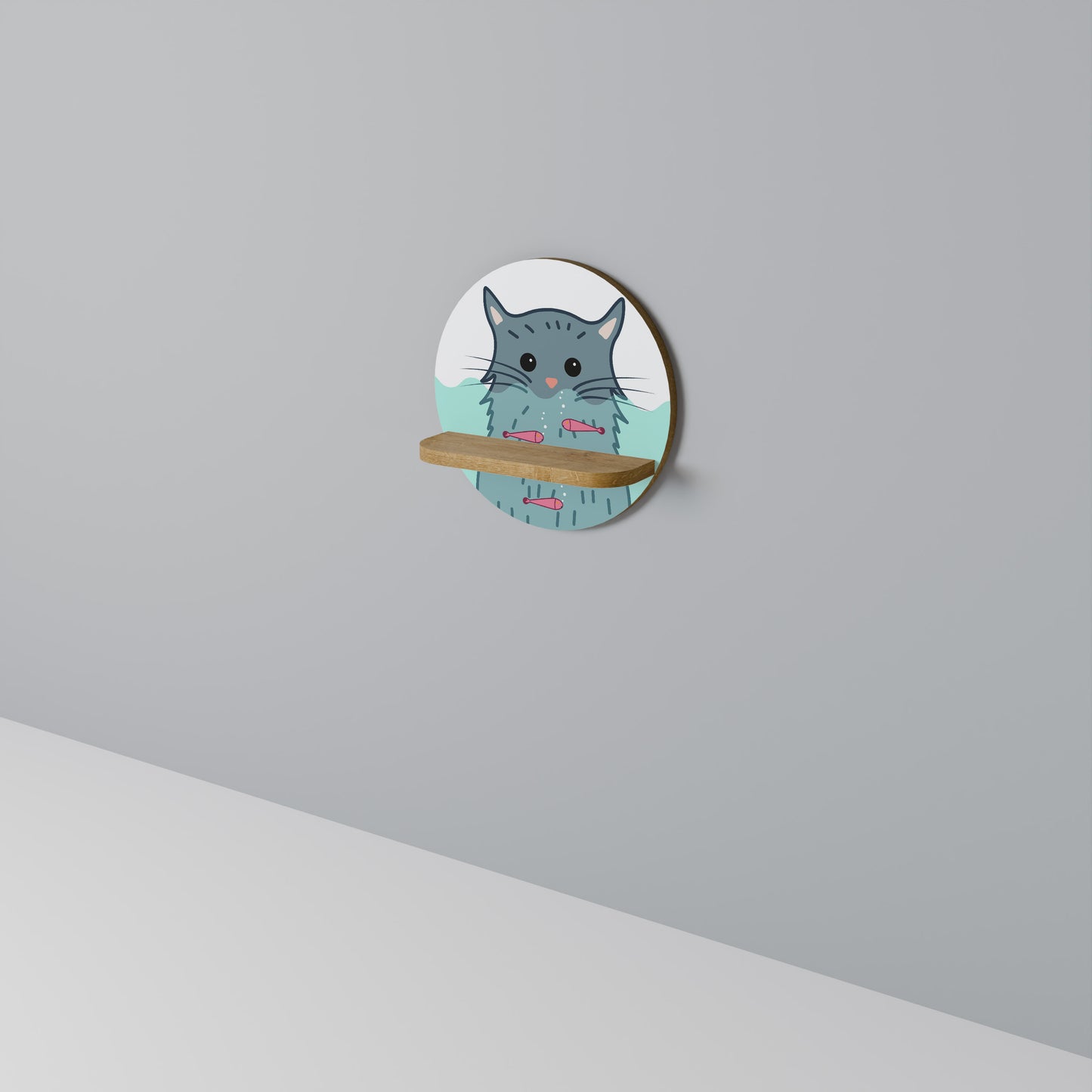 CAT SPLASH Round Art Shelf In Oak Effect